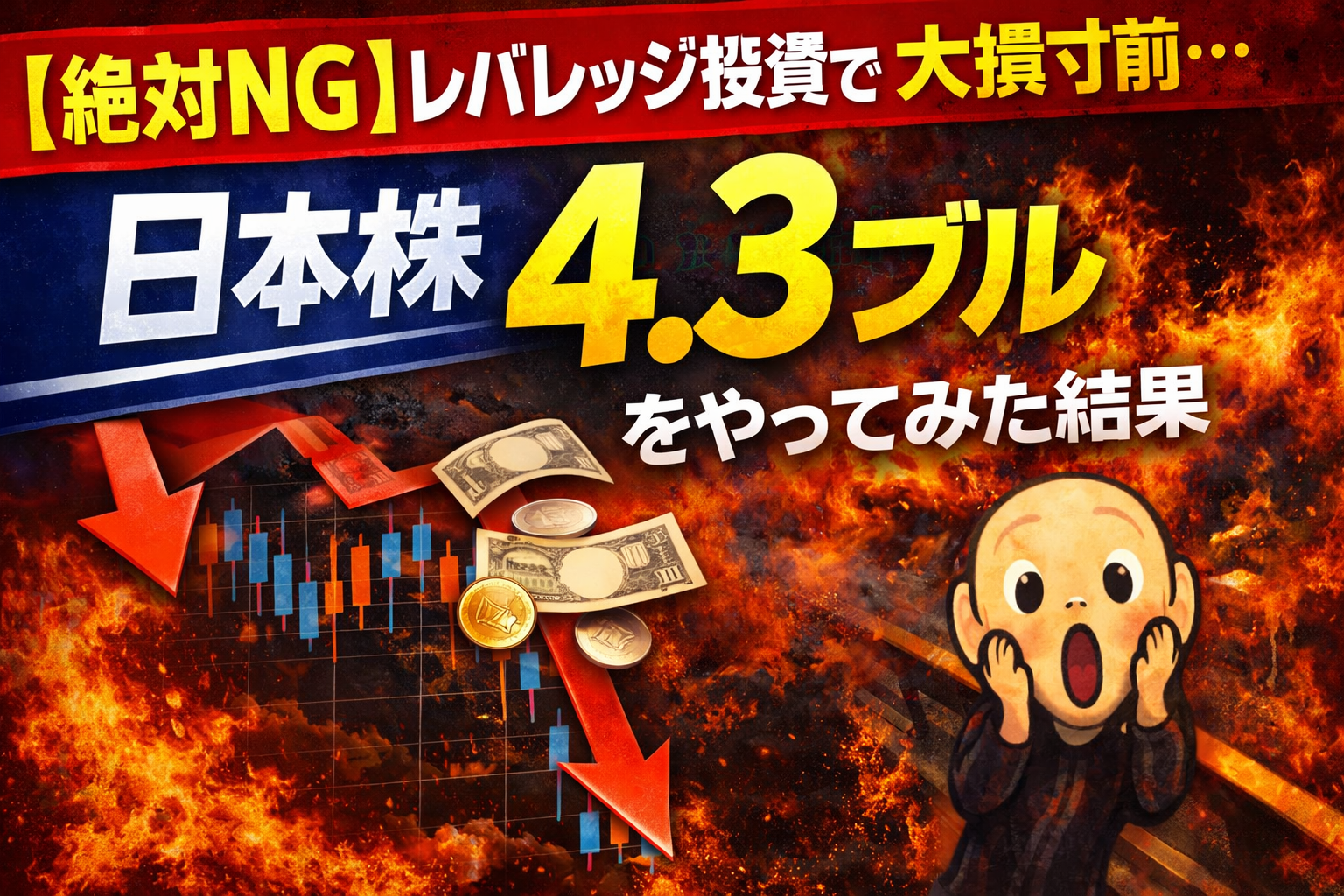 レバレッジ投資のリスクと日本株4.3ブルの大損寸前体験を示すサムネイル画像
