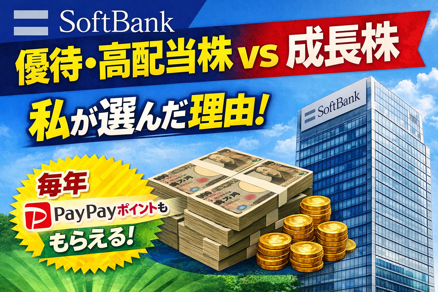 高配当株と成長株を組み合わせた資産形成のイメージとソフトバンク投資の例