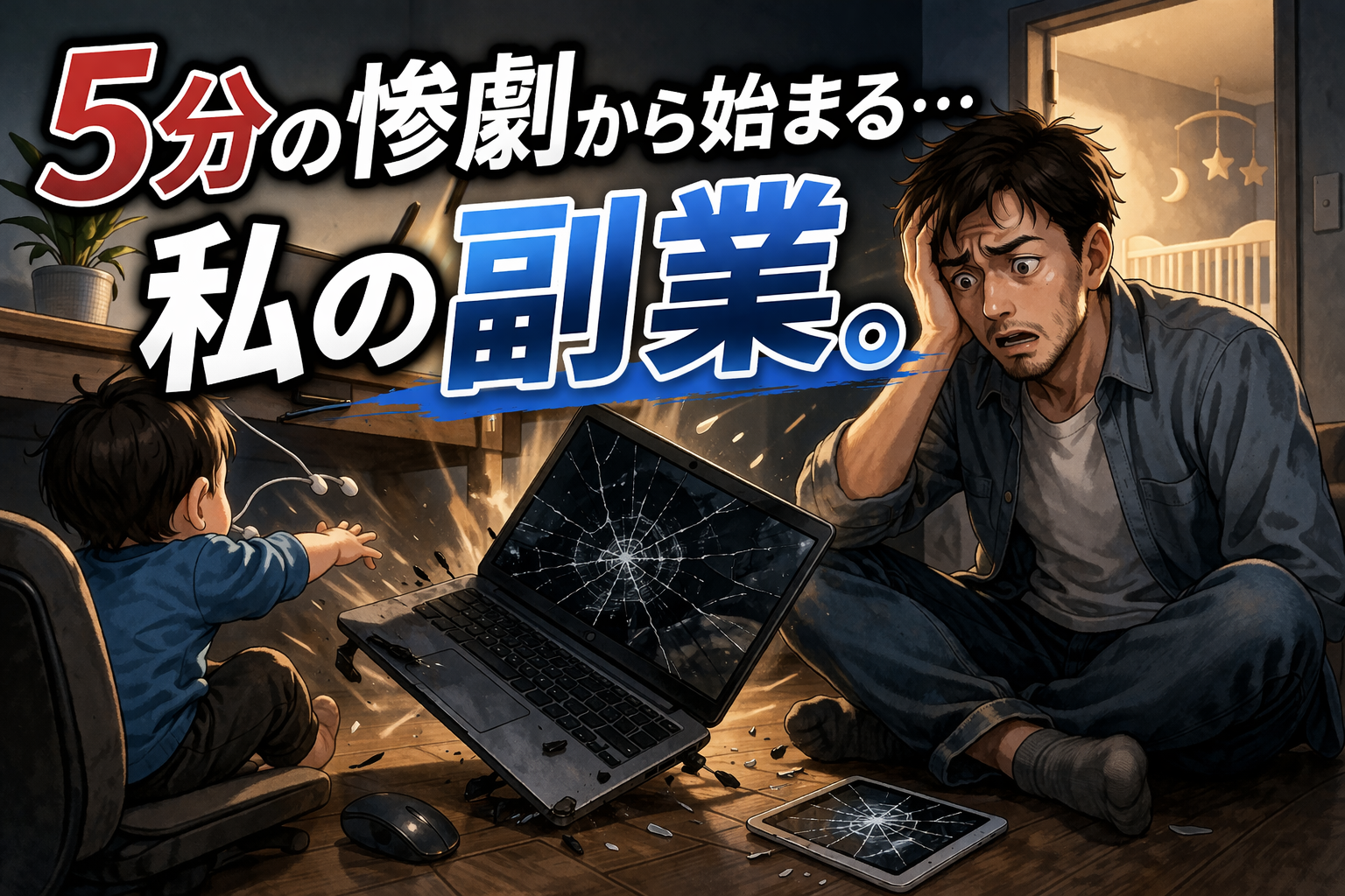 子どもがパソコンを落として壊し、父親が頭を抱える副業失敗のイメージ