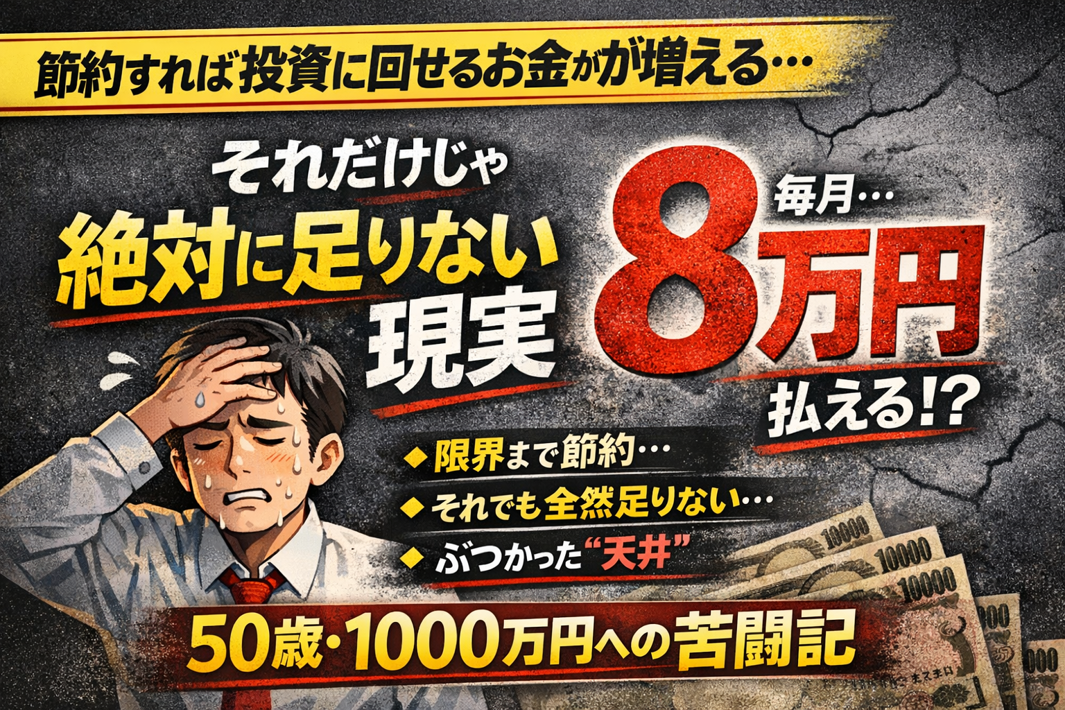 節約しても投資資金が足りず悩む男性と「毎月8万円」の文字が強調された資産形成の現実を表すアイキャッチ画像