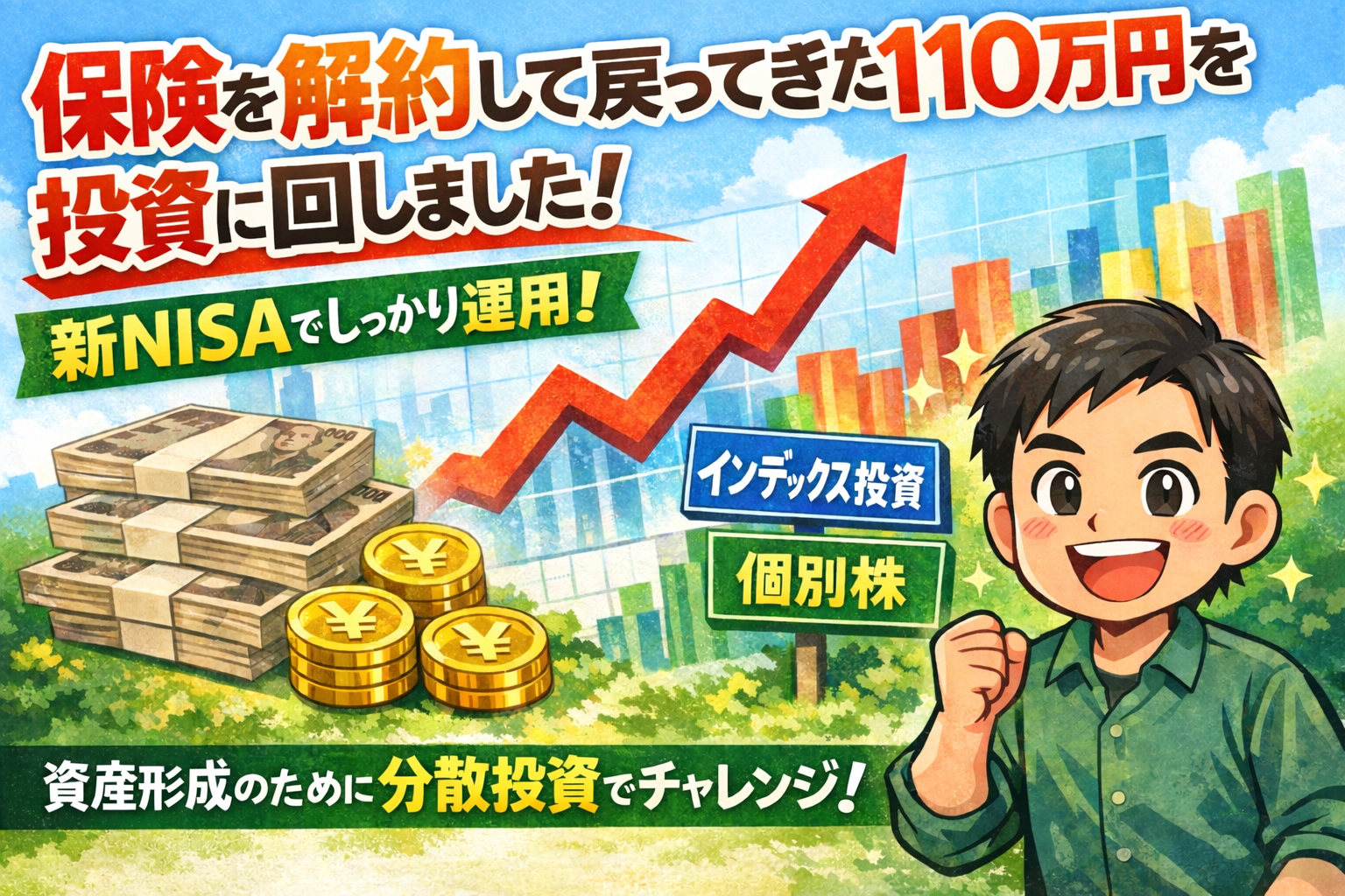 保険を解約して戻ってきた110万円を新NISAで投資するイメージ画像。インデックス投資と個別株で資産形成をするイラスト
