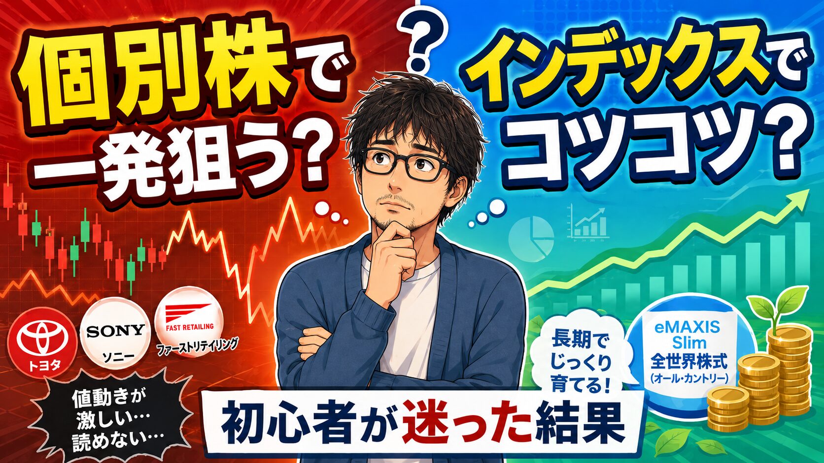 個別株で一発を狙うか、インデックス投資でコツコツ積み立てるか迷う初心者を描いた投資比較のアイキャッチ画像