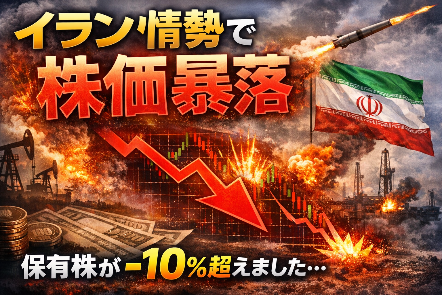 イラン情勢の悪化で株価が暴落し、原油高と地政学リスクの影響を示すイメージ画像