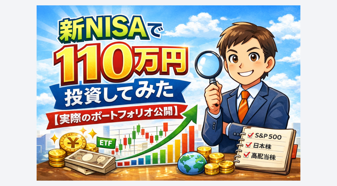 新NISAで110万円を分散投資した実例ポートフォリオを紹介するブログ記事のアイキャッチ