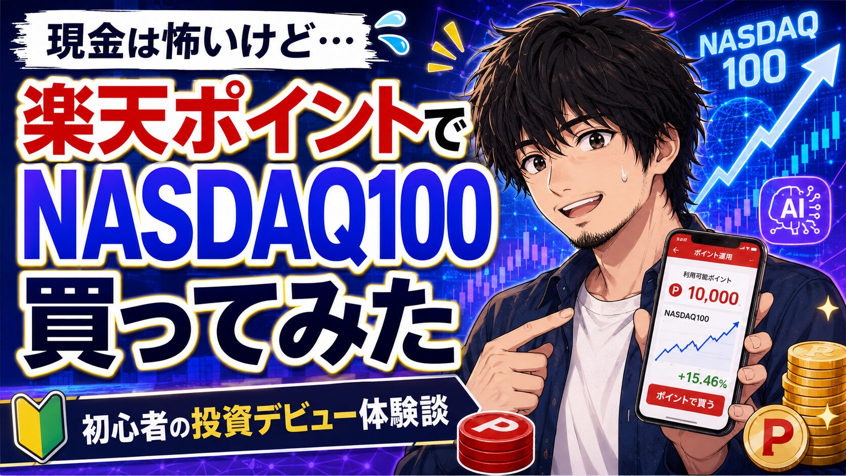 楽天ポイントでNASDAQ100を買ってみた初心者の体験を、投資デビューの不安と成長期待のイメージで表したアイキャッチ画像