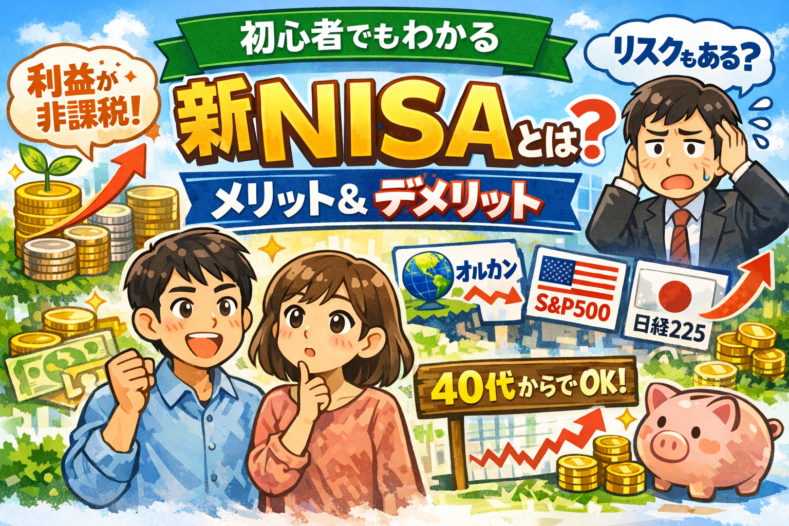 新NISAの仕組みやメリット・デメリットを初心者向けにわかりやすく解説したイラスト。非課税のメリットやリスク、オルカン・S&P500などの投資先も表現されている。