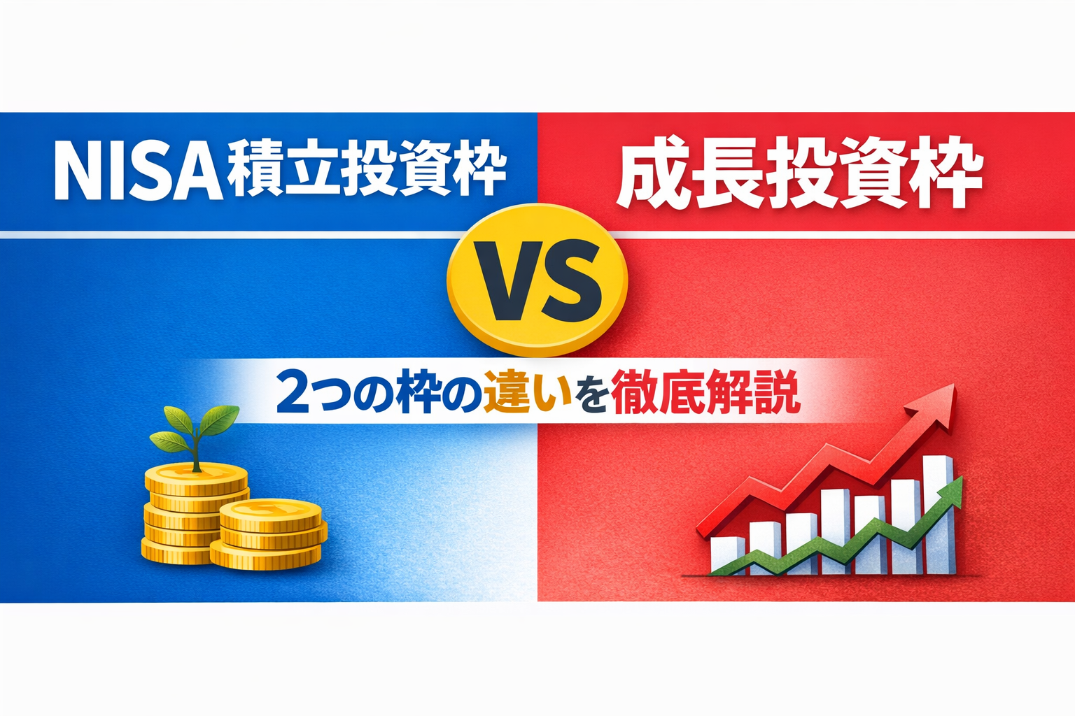 新NISAの積立投資枠と成長投資枠を比較した図。左を青で積立投資枠、右を赤で成長投資枠として、初心者向けに違いが一目でわかるデザイン。