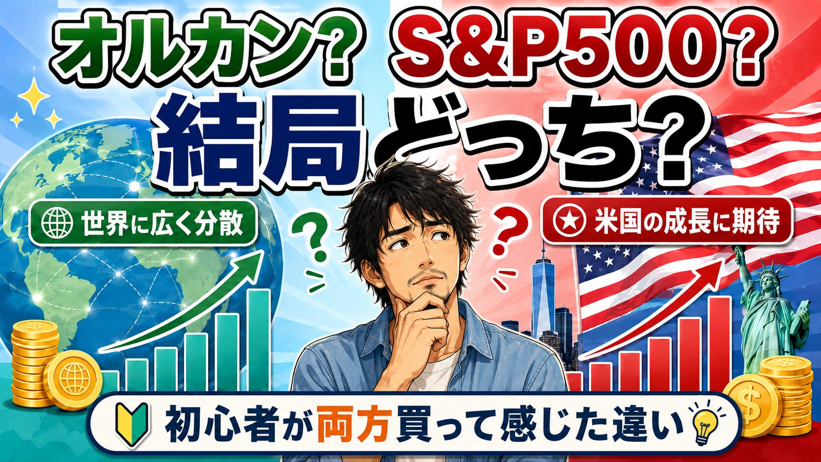 オルカンとS&P500のどちらを買うべきか迷う初心者を、世界分散と米国成長のイメージで比較したアイキャッチ画像