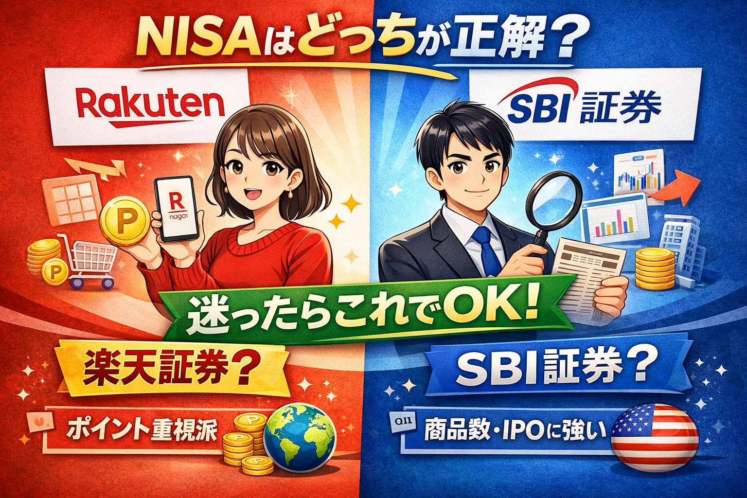 NISAで楽天証券とSBI証券を比較したアイキャッチ画像。初心者向けにどちらを選ぶべきかを解説