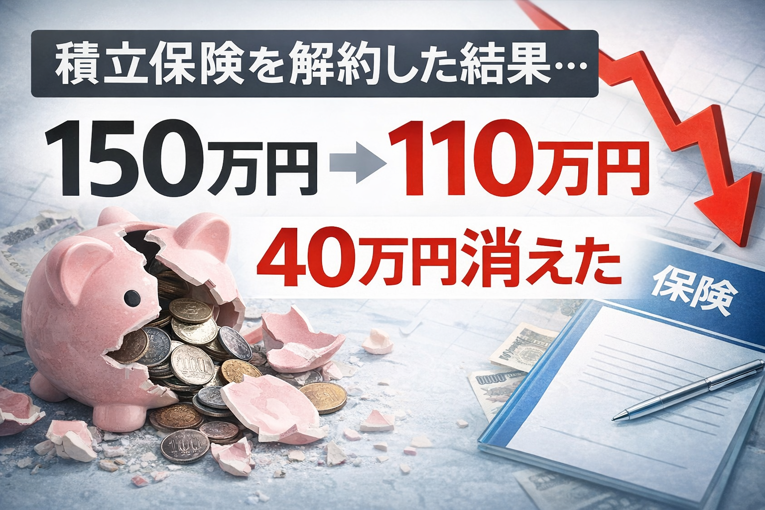 積立型保険を解約した結果、150万円が110万円になり40万円の損失になったことを示すアイキャッチ画像。壊れた貯金箱と保険の冊子、下向き矢印のグラフ。