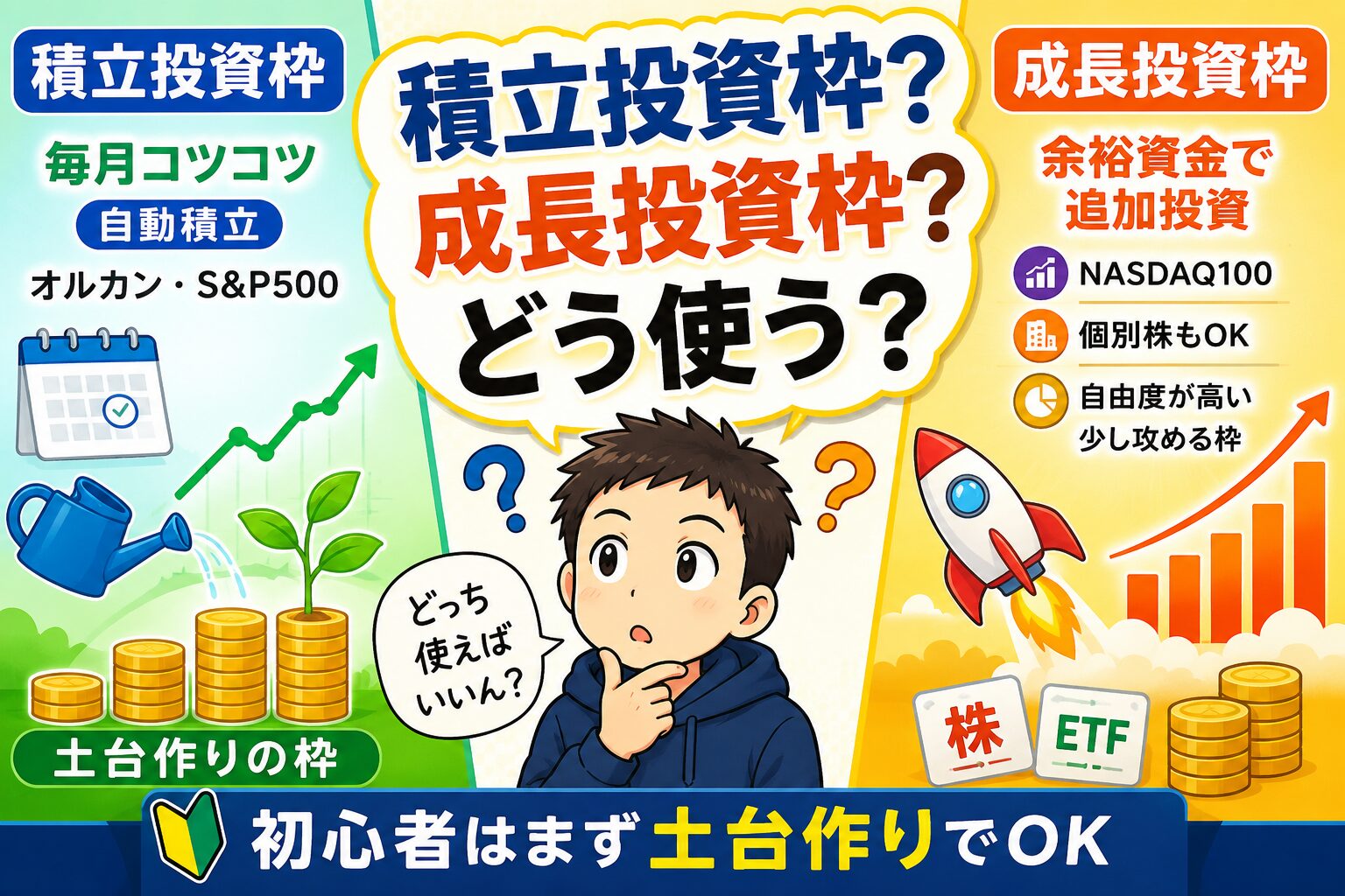 新NISAの積立投資枠と成長投資枠の違いを、初心者向けに左右比較で表したアイキャッチ画像