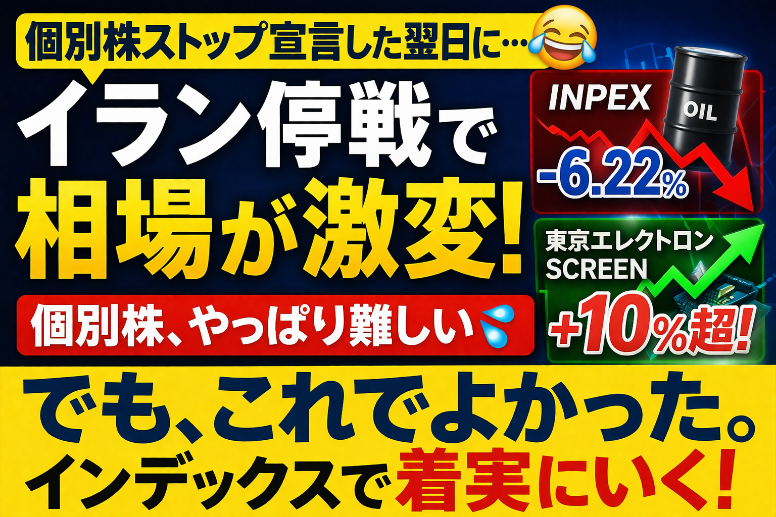 個別株をやめた翌日にイラン停戦で相場が激変し、INPEXは下落・半導体株は上昇。インデックス投資の重要性を示すアイキャッチ
