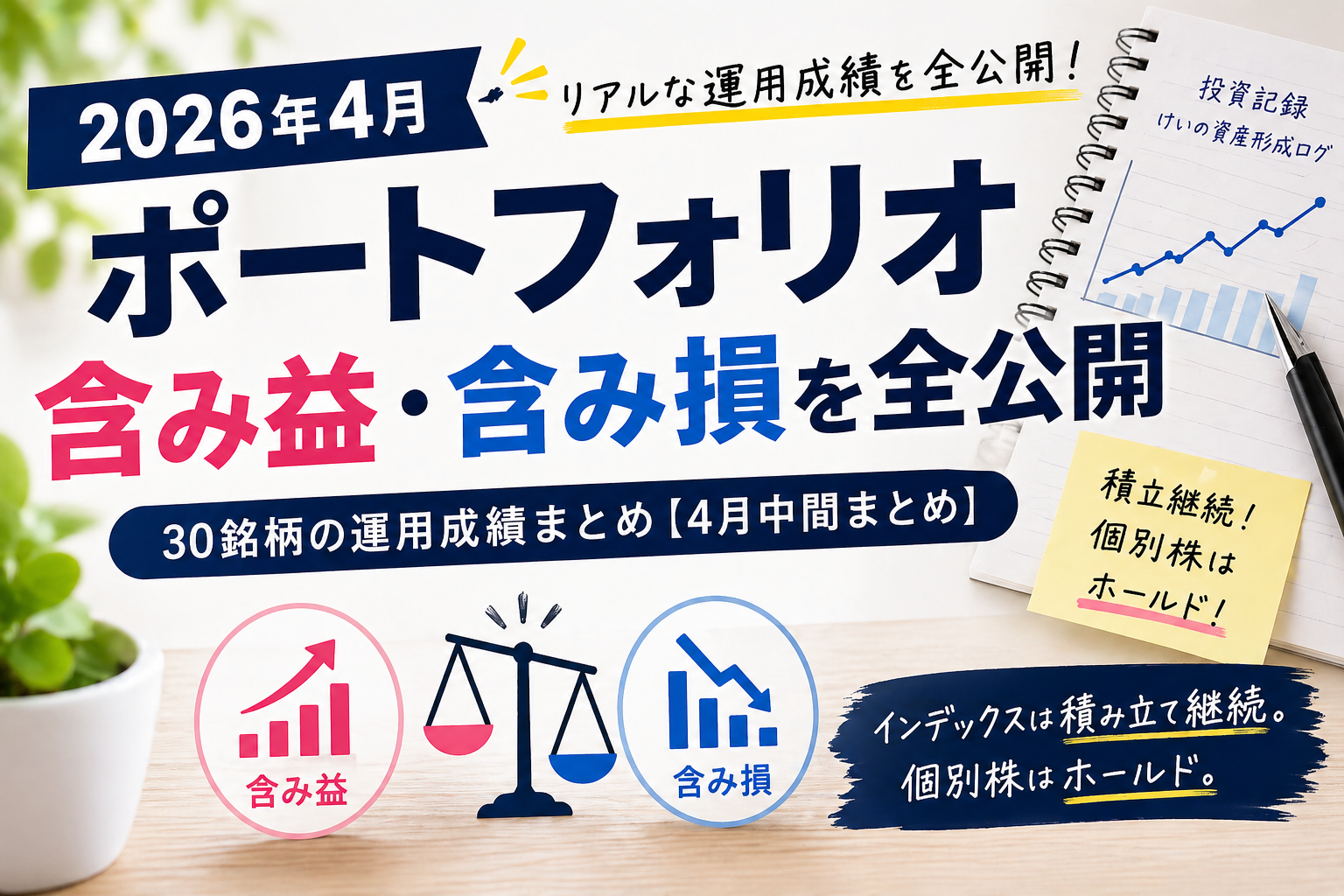 2026年4月のポートフォリオ運用成績を公開する投資ブログ記事のアイキャッチ。含み益・含み損を全公開し、30銘柄の運用成績をまとめたデザイン。