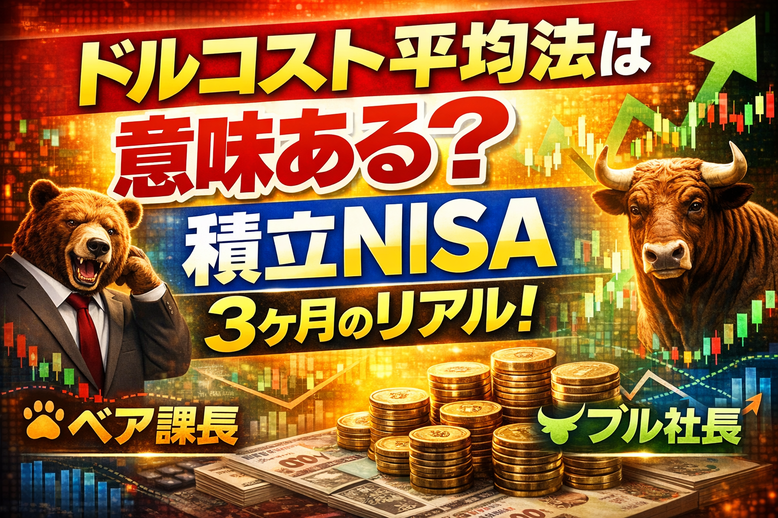 ドルコスト平均法は意味あるのかをテーマに、積立NISA3ヶ月のリアルを解説するアイキャッチ。ベア課長とブル社長のキャラクターと株価チャート、コインが描かれている