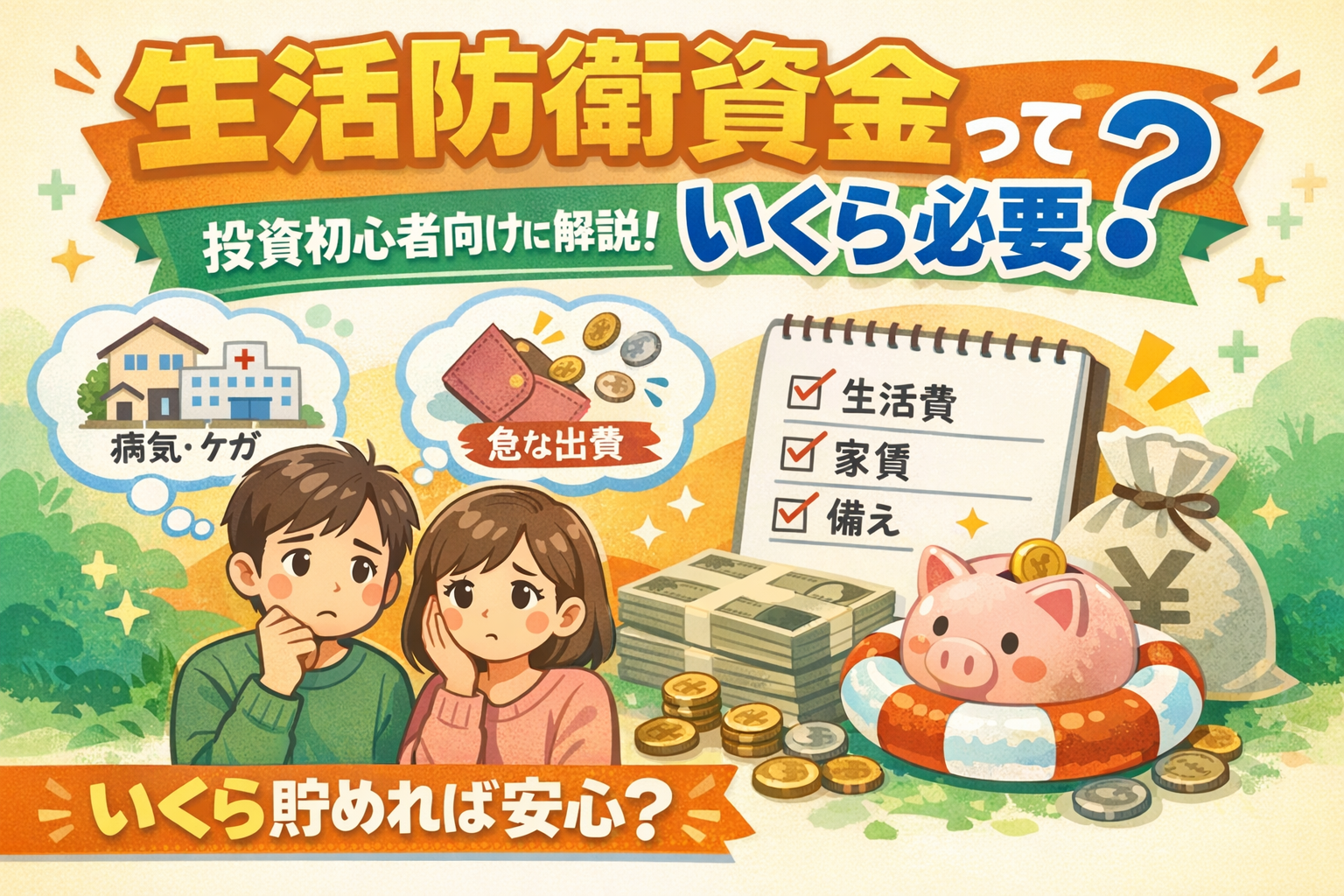 生活防衛資金はいくら必要かを解説する投資初心者向けのイラスト。家計・貯金・急な出費をイメージしたデザイン