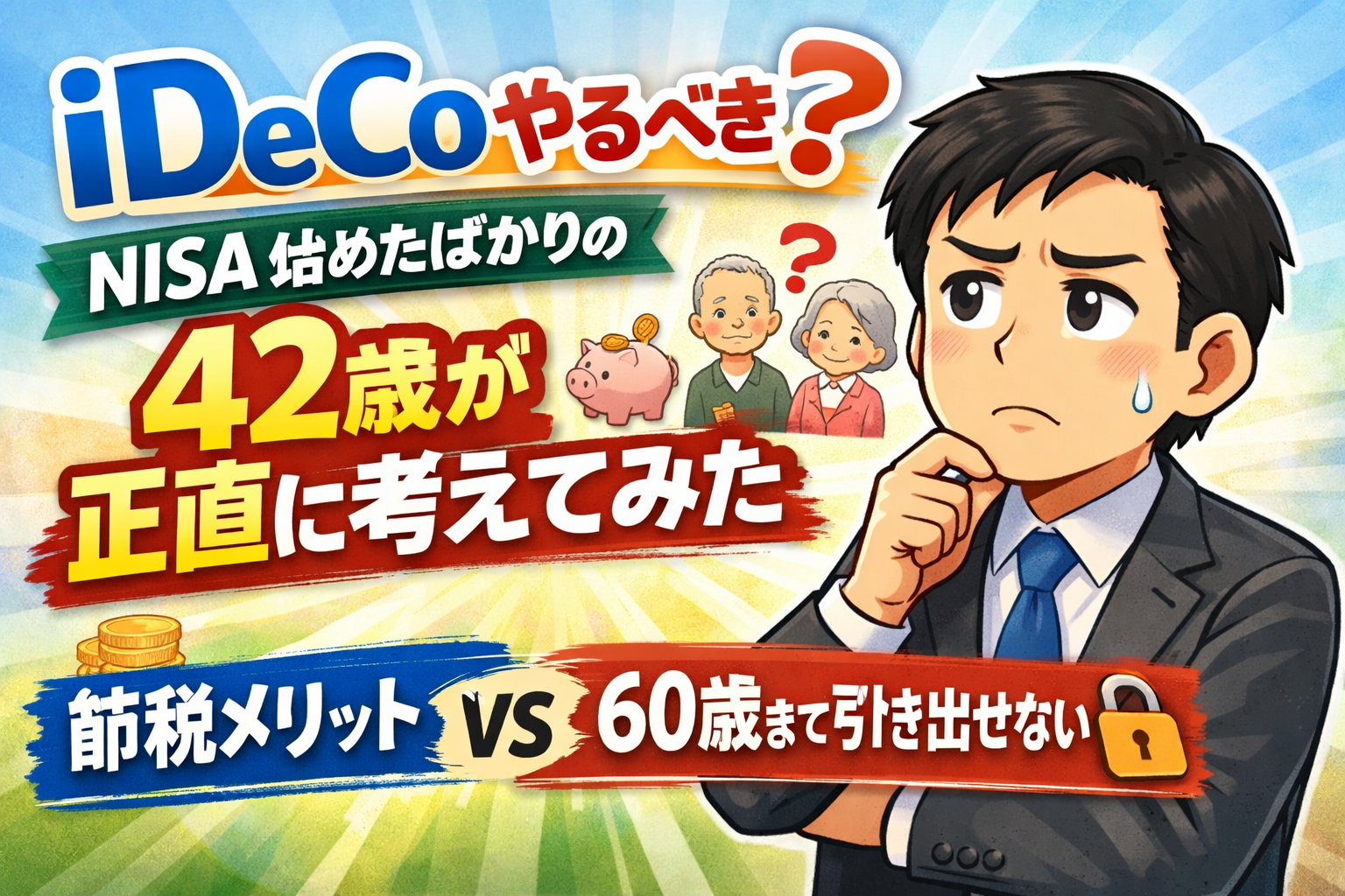 iDeCoをやるべきか悩む42歳会社員が、節税メリットと60歳まで引き出せないデメリットを比較して考えているイラスト