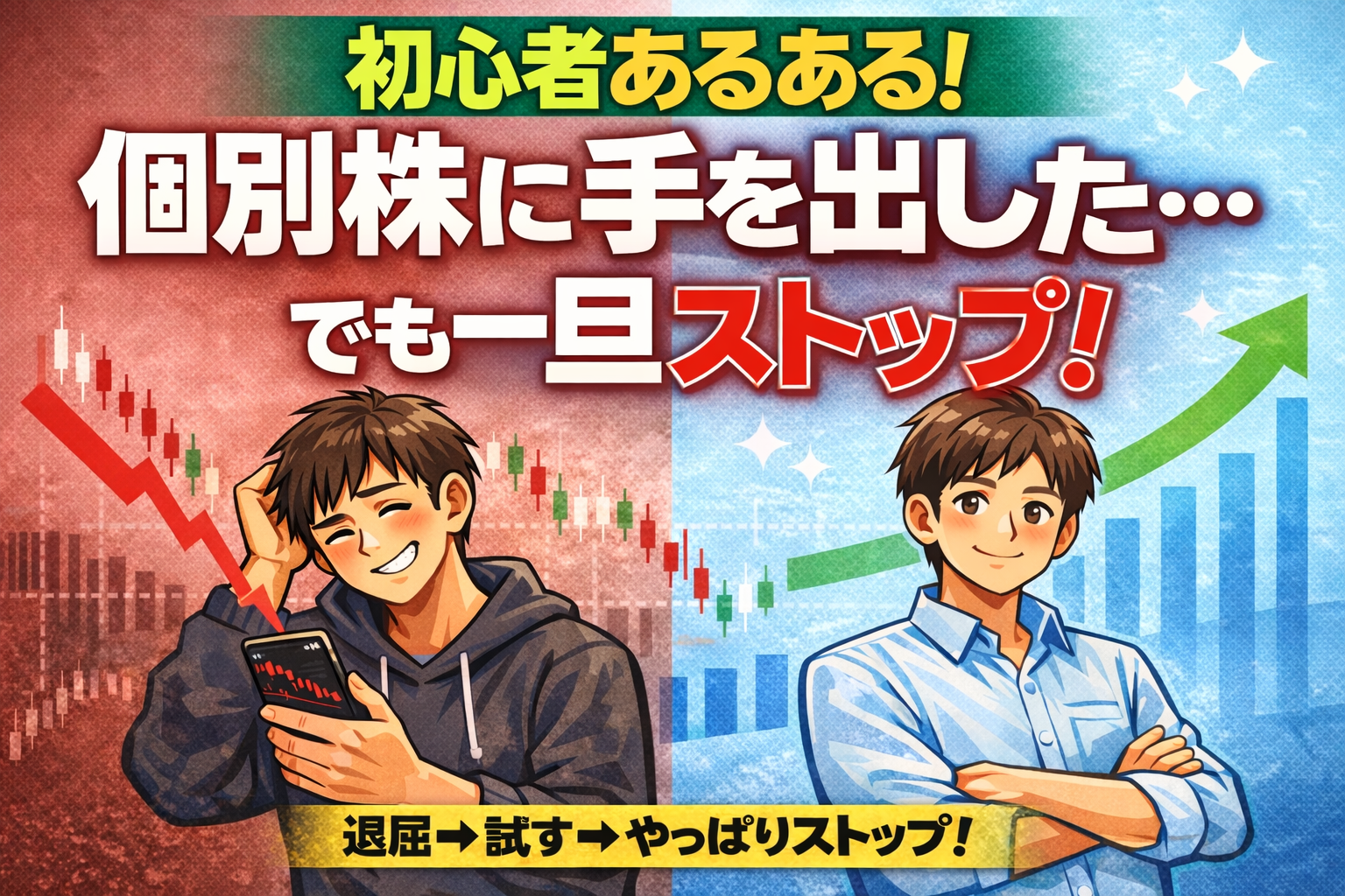 初心者あるあるで個別株に手を出したが一旦ストップする投資体験を表したアイキャッチ画像