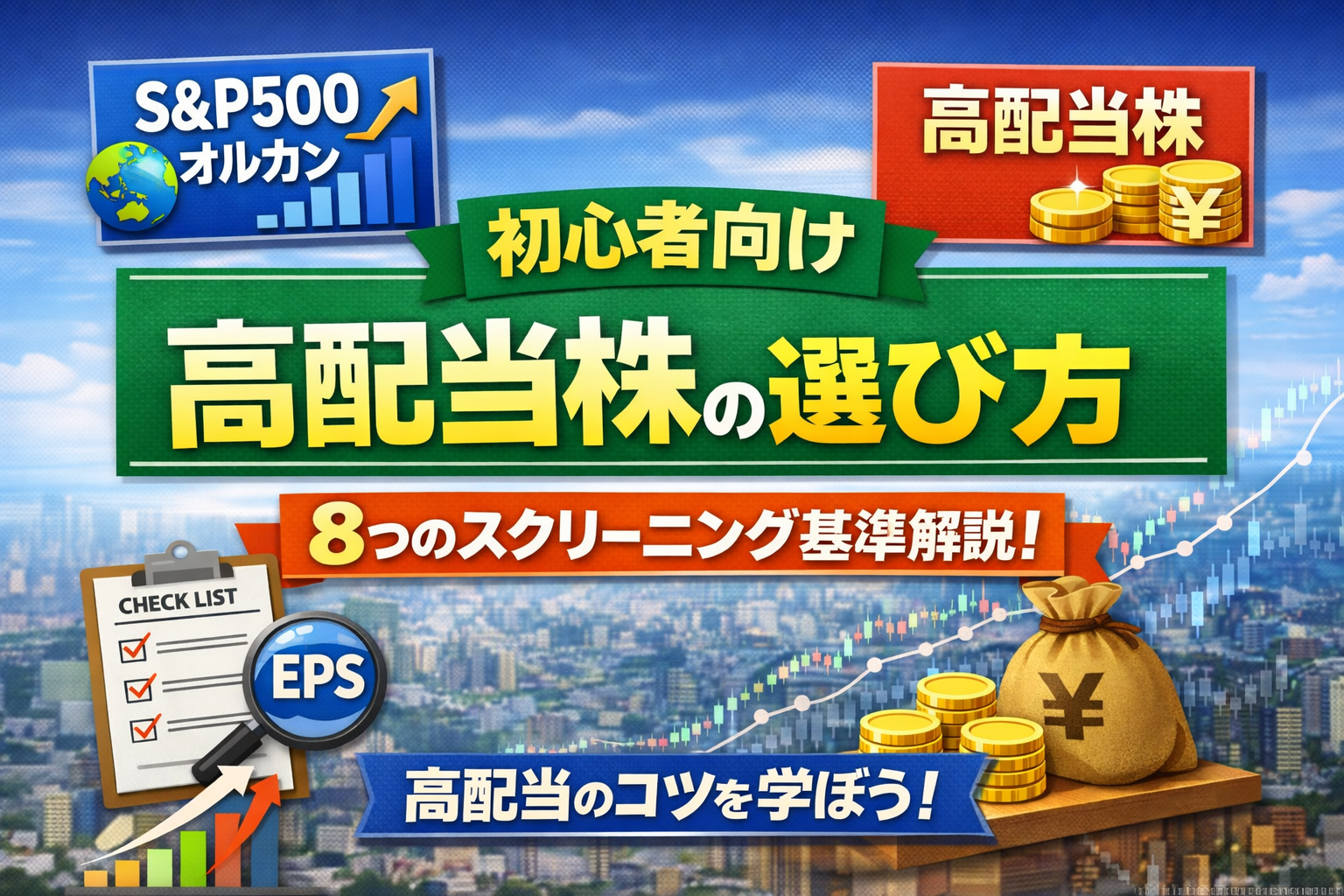 高配当株の選び方を初心者向けに解説したアイキャッチ画像。S&P500・オルカンとの違いや、8つのスクリーニング基準を視覚的に表現。