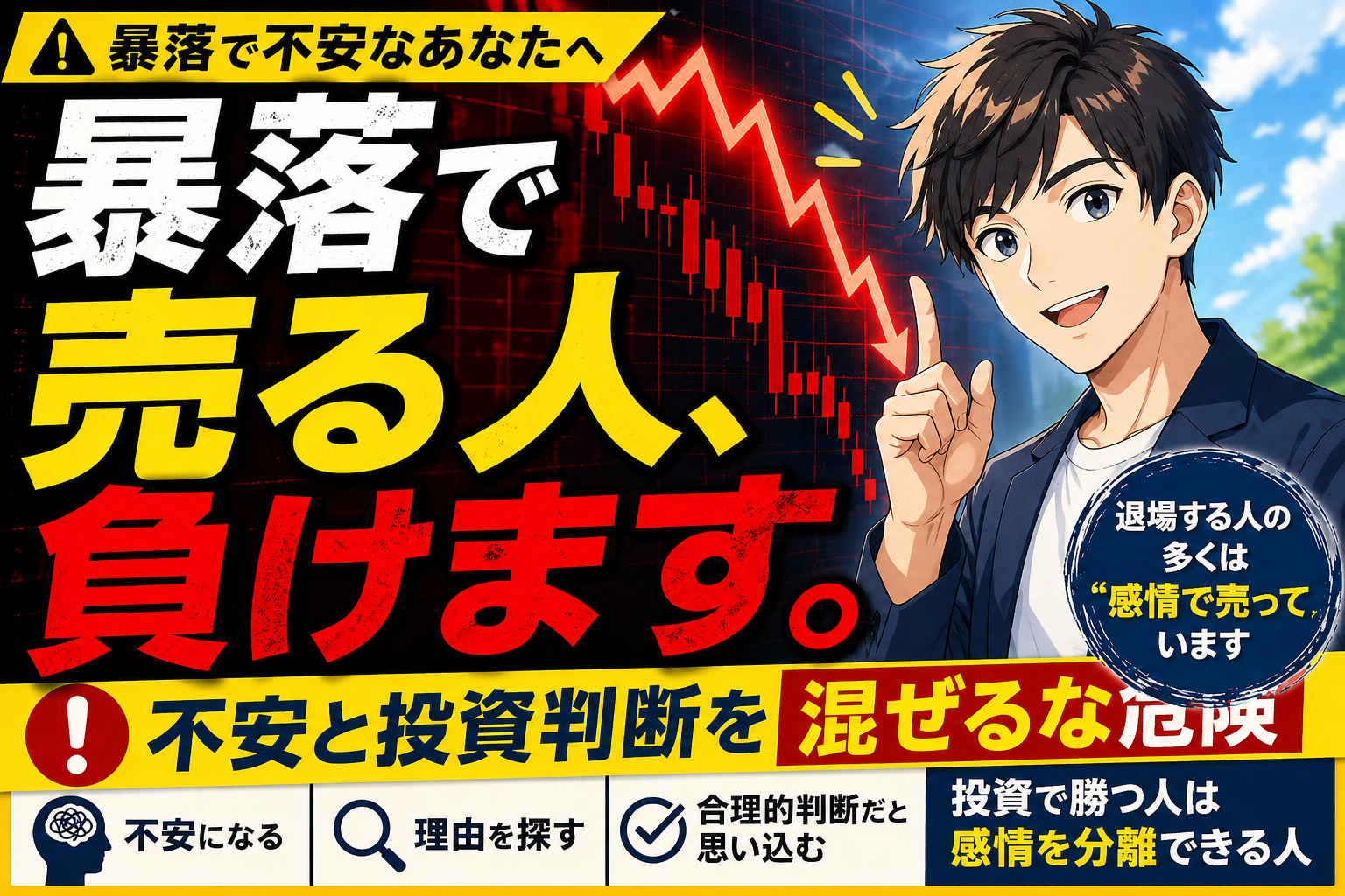 暴落相場で不安になる投資家と「感情で売るな」と警告する株式投資解説記事のアイキャッチ画像