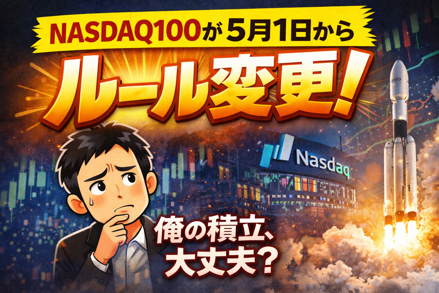 NASDAQ100のルール変更をテーマに、悩む男性とロケット打ち上げを背景に「積立は大丈夫か？」という不安を表現したアイキャッチ画像