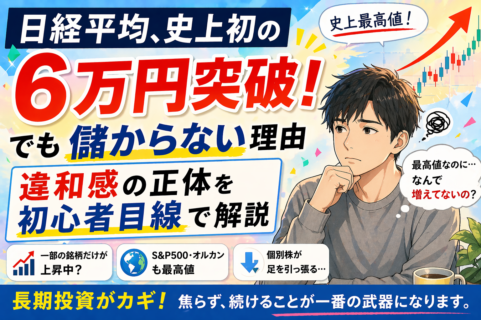 株価は上がっているのに資産が増えない理由を解説するアイキャッチ。日経平均6万円やS&P500最高値の中で感じる違和感を初心者向けに説明したデザイン