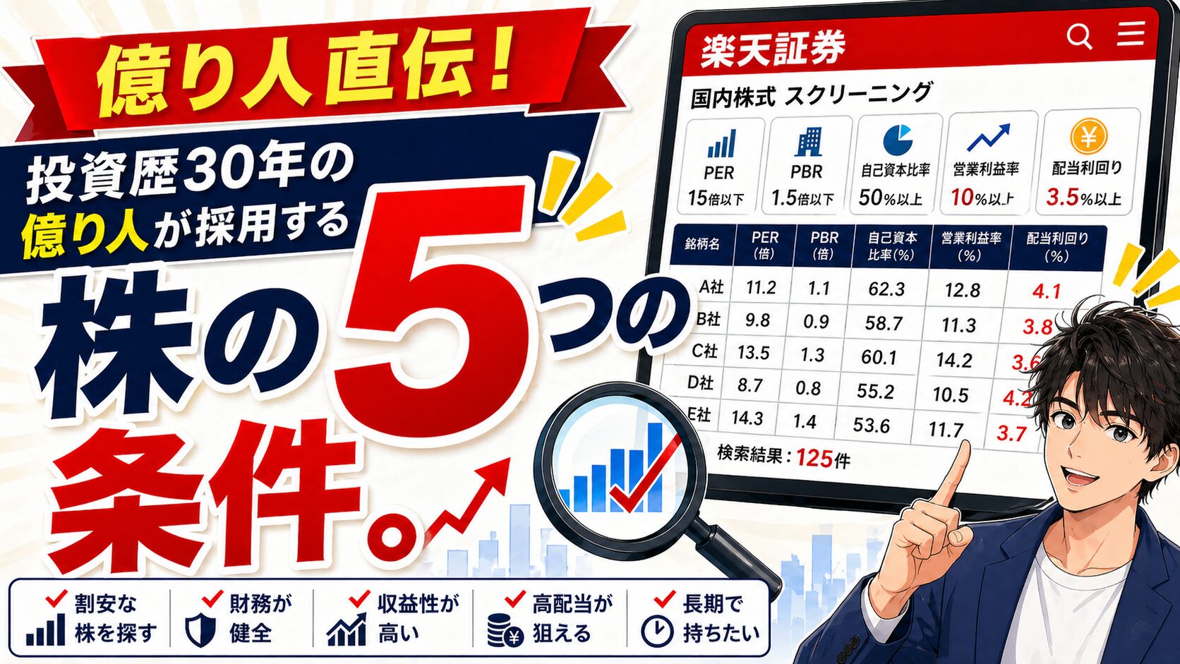投資歴30年の億り人が採用する株の5つの条件を、楽天証券のスクリーニング画面とともに紹介するアイキャッチ画像