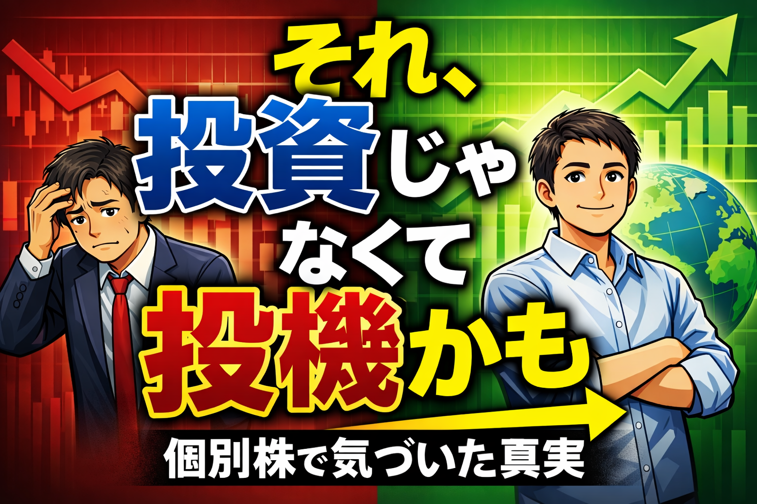 投資と投機の違いを表現したアイキャッチ。個別株で悩む男性と、インデックス投資で落ち着いた男性を対比し「それ、投資じゃなくて投機かも」というメッセージを強調した画像。
