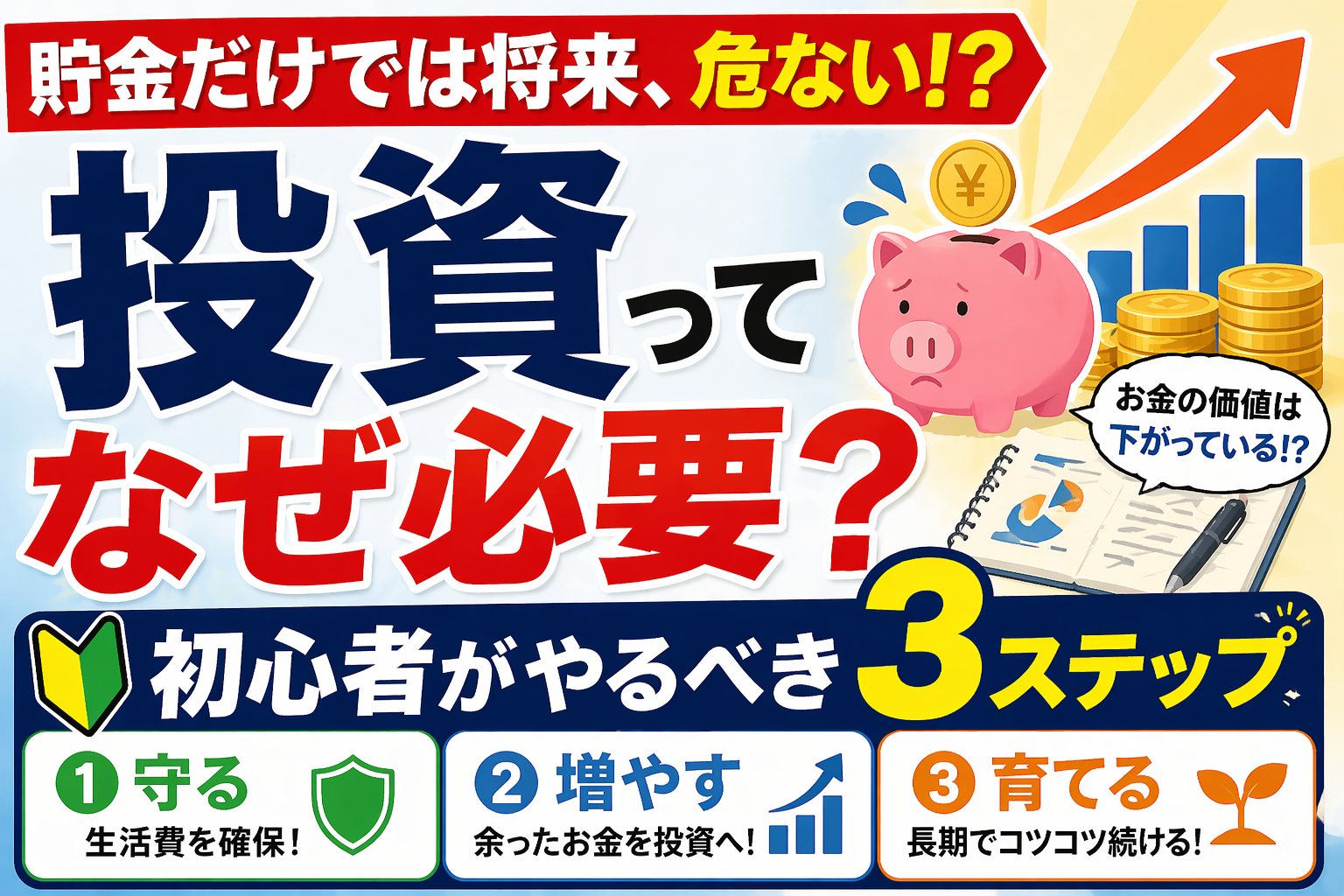 貯金だけでは将来危ない理由と、投資が必要な理由、初心者向けの資産形成3ステップを解説したアイキャッチ画像