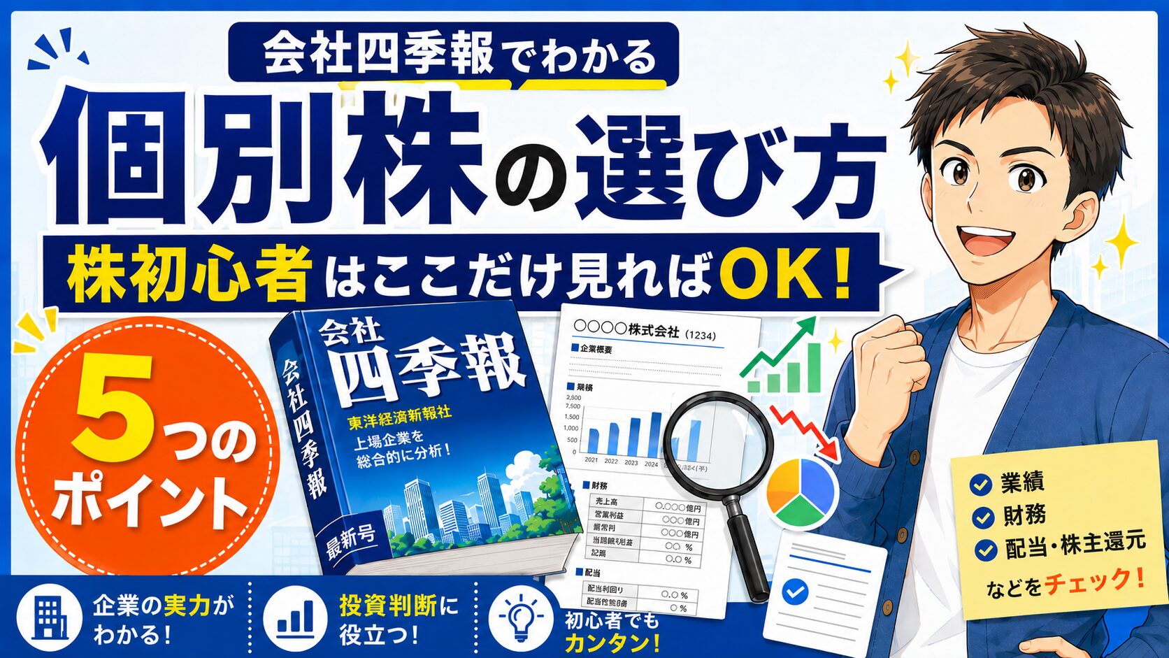 個別株の選び方を解説するアイキャッチ画像。株初心者向けに、会社四季報を使って見るべき5つのポイントを、業績・財務・配当などの項目とともにわかりやすく紹介している。
