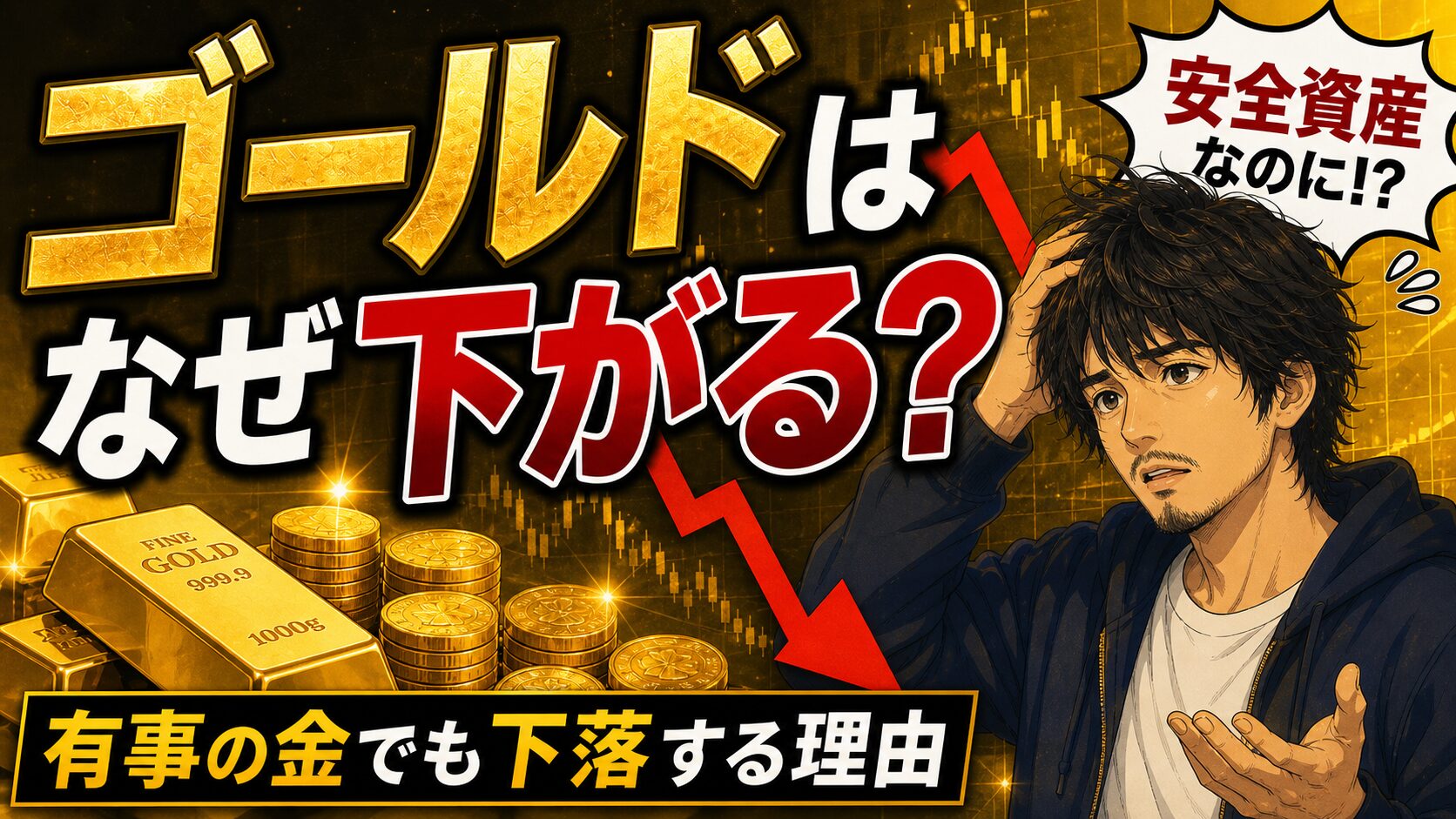 ゴールドはなぜ下がるのかをテーマに、金の延べ棒やコイン、下落チャート、戸惑う男性イラストを配置した投資初心者向けアイキャッチ画像。