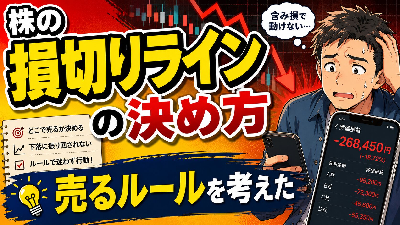 株の損切りラインの決め方をテーマにしたアイキャッチ画像。大きな下落チャートを背景に、含み損で困った表情の男性がスマホを見つめており、「株の損切りラインの決め方」「売るルールを考えた」という文字が大きく配置されている。