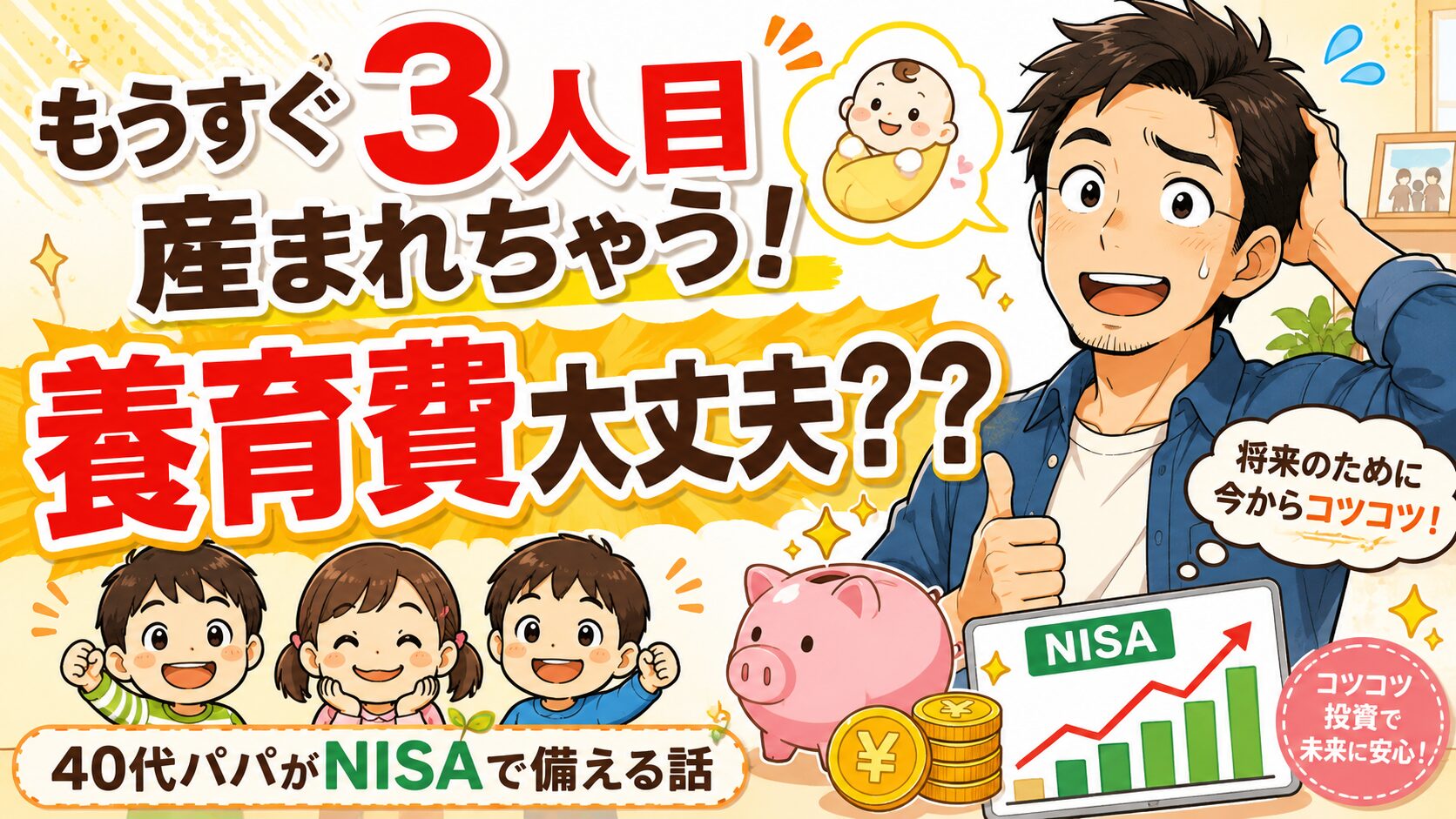 3人目の誕生を控えた40代パパが、養育費や教育費の不安に備えてNISA積立を考えるブログ用アイキャッチ画像