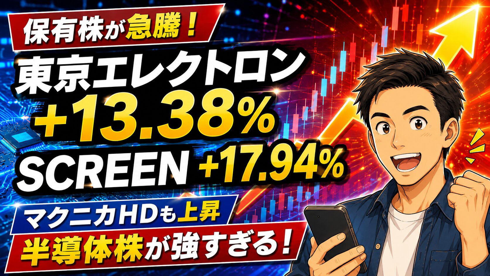 保有株の東京エレクトロンとSCREENホールディングスが急騰し、マクニカHDも上昇したことを表す半導体株の記事アイキャッチ画像
