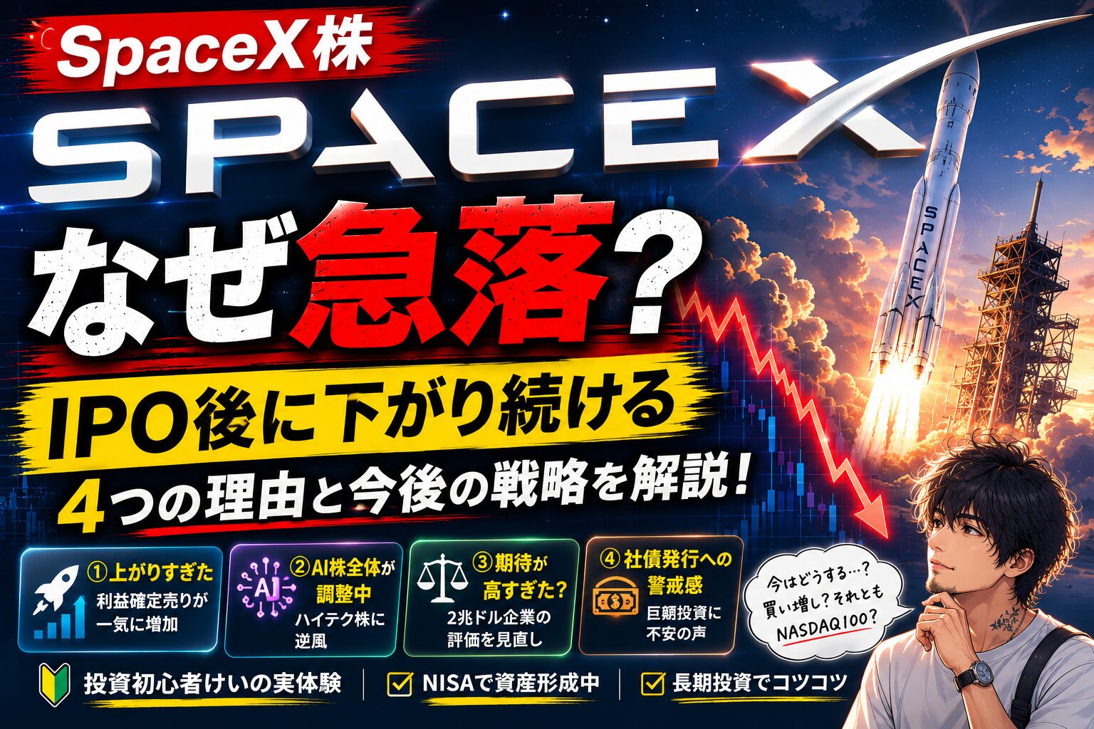 SpaceX株がIPO後に急落する理由と今後の戦略を解説するアイキャッチ画像。ロケット打ち上げと株価下落のイメージ、投資初心者の筆者イラスト付き。