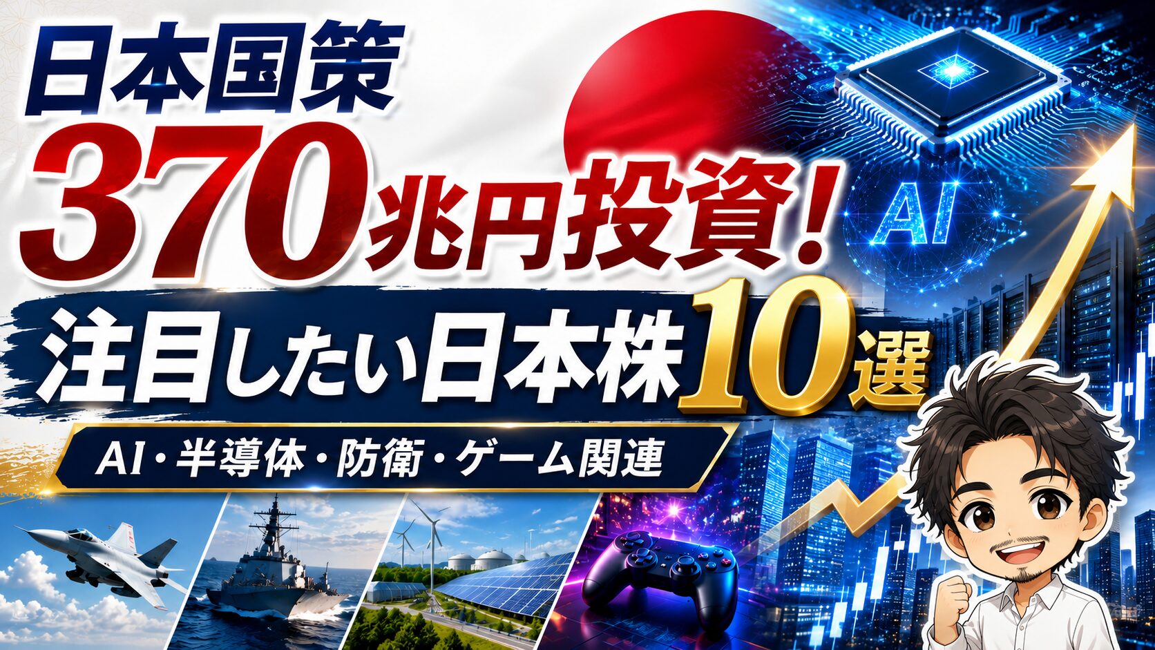 日本国策370兆円投資をテーマに、AI・半導体・防衛・ゲーム関連の注目日本株10選を紹介するアイキャッチ画像。半導体チップ、AI、上昇チャート、戦闘機、艦船、太陽光発電、ゲームコントローラー、右下に笑顔のデフォルメ人物イラストを配置。