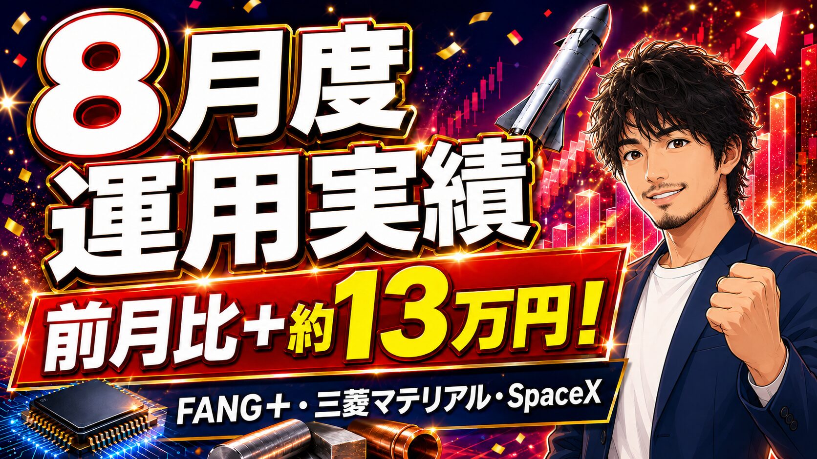 2026年8月の運用実績を公開。前月比約13万円増となり、FANG＋、三菱マテリアル、SpaceXが好調だったことを表したアイキャッチ画像